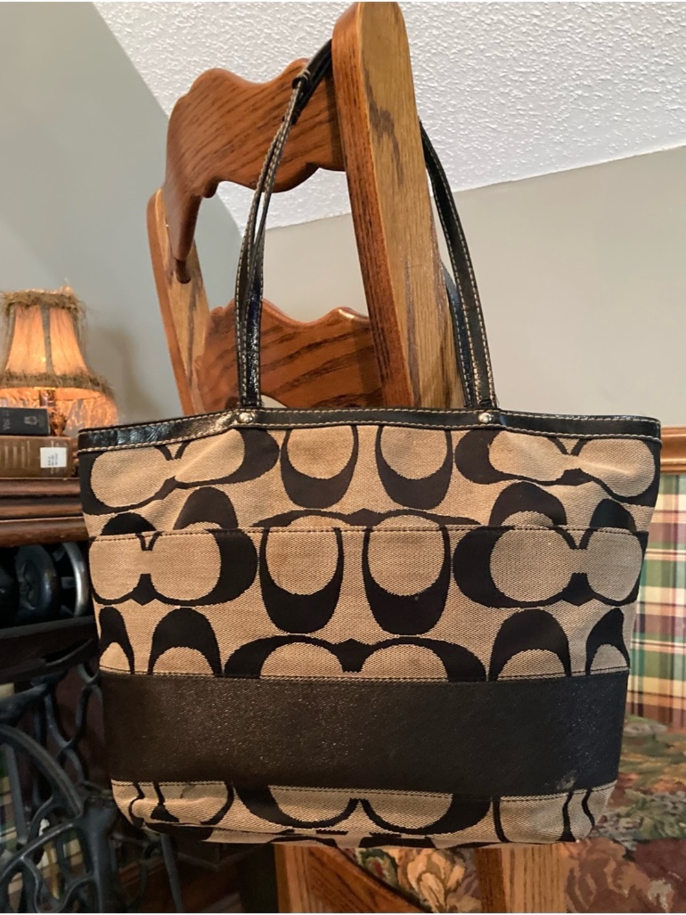 Coach Black and Khaki Signature Canvas Bag - Picture 2 of 4